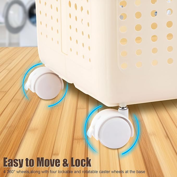 55L Collapsible Laundry Basket with Wheels - Foldable Slim Laundry Hamper for Dorm, Apartments - Portable Clothes Organizer Carts with Wheels, Handles - Collapsible Storage Bins for Clothes, Toys