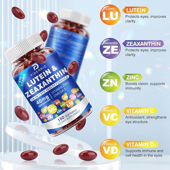 Lutein and Zeaxanthin Supplement - Eye Vitamins, 40 mg Lutein & 8 mg Zeaxanthin with Vitamins C, E, Zinc, Omega-3 & CoQ10 for Blue Light Protection, Eye Health Support  - 450 Softgels