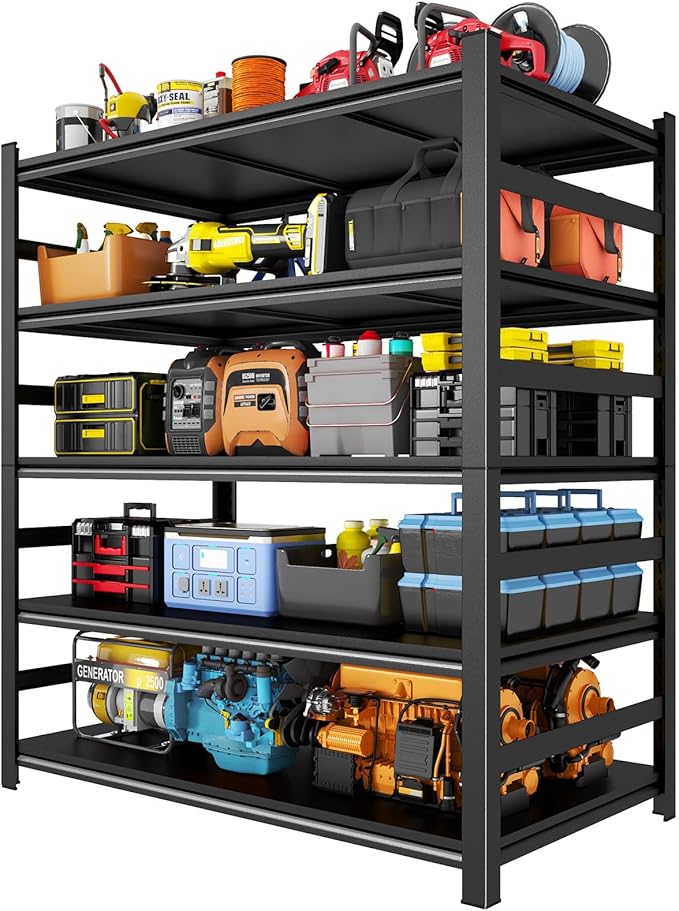 72" H x 48" W Metal Shelving Unit with 2 Fences, 5-Tier72 H x 48" W x24 D Heavy Duty Garage Storage Rack, Adjustable Industrial Shelves for Warehouse, Basement, Easy Assembly