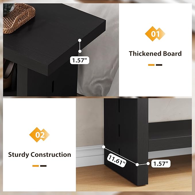2 Tier Entryway Bench, 47.24" Shoe Bench, Rustic Shoe Rack, Wooden Storage Bench for Entryway Hallway Living Room Bedroom, Easy Assembly, Black