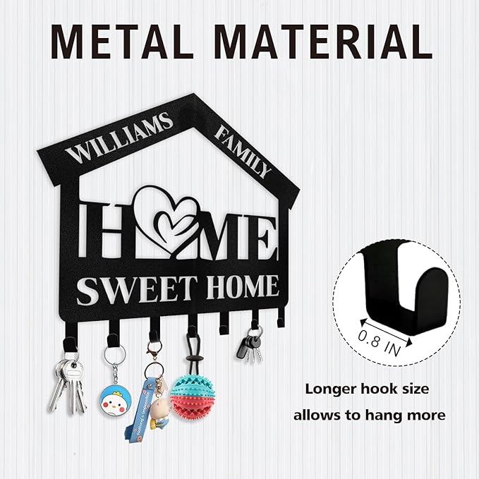 Personalized Key Holder for Wall | Sweet Home Key Holder Wall Mounted | Black Metal Key Hanger Wall Decorative | Housewarming Gifts | Key Rack Organizer for Living Room, Bedroom, Entryway