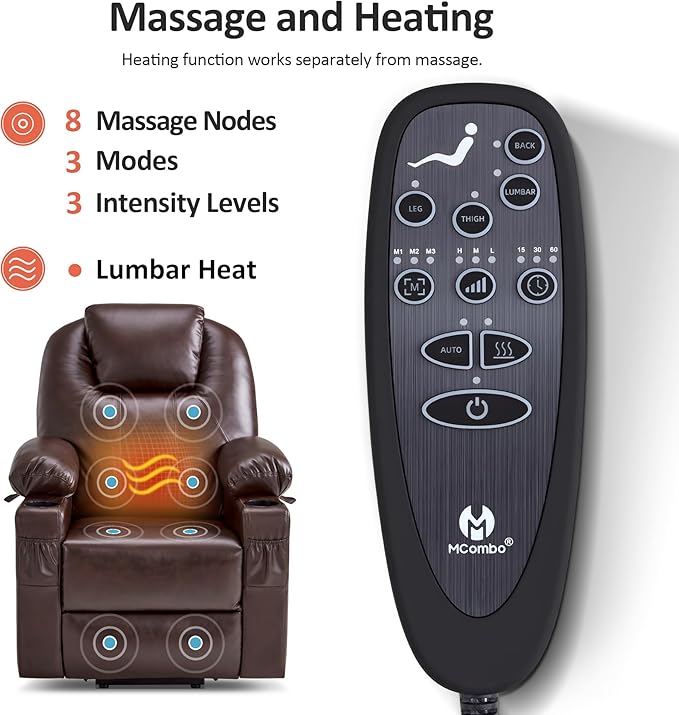 MCombo Power Lift Recliner Chair for Elderly, Lift Chair with Heat and Massage, FSC Certified, USB Ports, Cup Holders, Faux Leather 7141 (Dark Brown, Small)