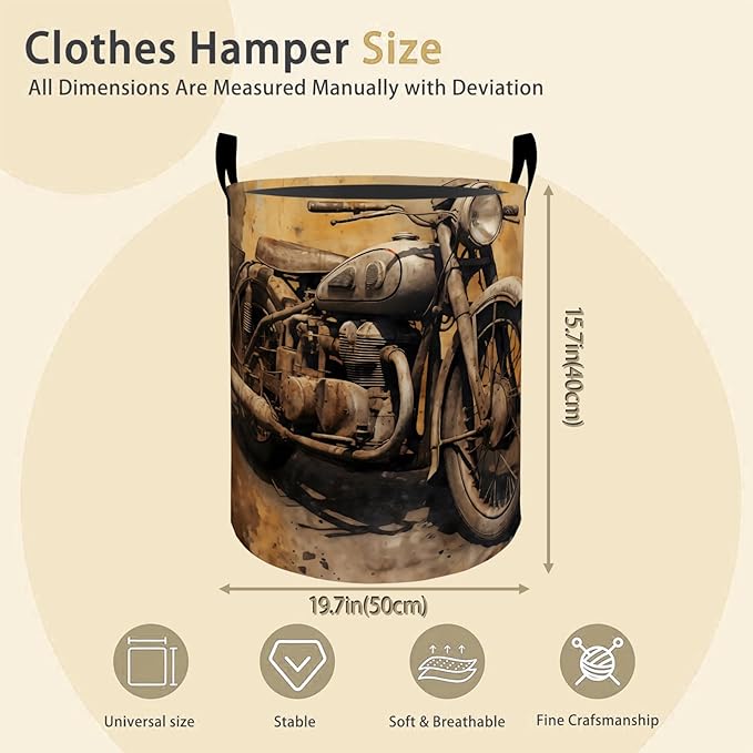 Vintage Motorcycle Laundry Basket Hamper for Boys Girls Kids Adults, Foldable Waterproof Oxford Clothes Storage Bin, Biker Organizer for Bedroom Bathroom Room Decor 19.7"x15.8"