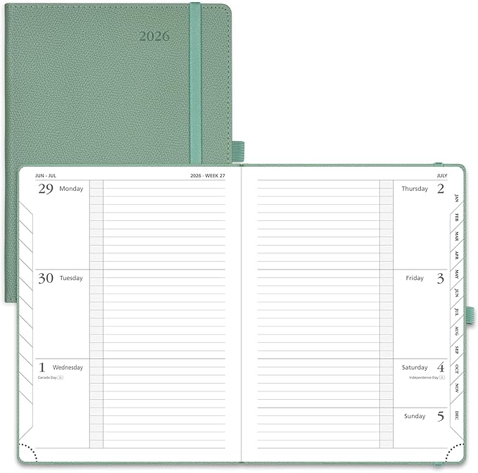 POPRUN 2026 Weekly & Monthly Planner Calendar, 6.75" x 8.75" Medium, Horizontal Layout with Lined Sections, Jan. 2026 - Dec. 2026, Leather Hardcover, 100GSM Paper, Inner Pocket - Midnight Green