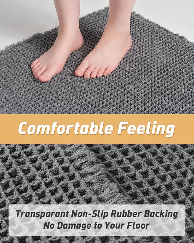 AMOAMI Upgraded Waffle Bath Mat, Super Absorbent Non Slip Bath Mats for Bathroom Floor, Machine Washable Bathroom Rugs with Tassels, Rubber Backed Bathroom Mats, Ultra Soft, 20" x 32", Dark Grey
