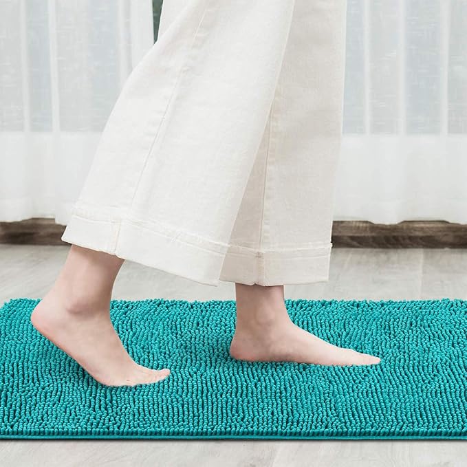 LOCHAS Luxury Bathroom Rug Shaggy Bath Mat 24 x 36 Inch, Washable Non Slip Bath Rugs for Bathroom Shower, Soft Plush Chenille Absorbent Carpets Mats, Teal Blue