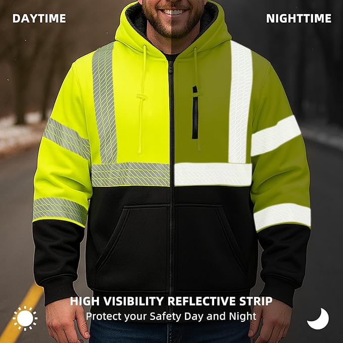 Hi Vis Hoodie Reflective Safety Jacket for Men,Class 3 High Visibility Sweatshirt Zipper for Work Construction
