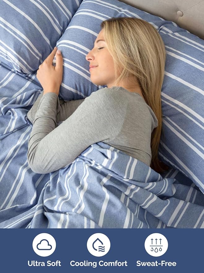 Extra Deep Full Sheet Set - 6 Piece Breathable and Cooling Sheets - Hotel Luxury Bed Sheets Set - Easy Fit - Soft, Wrinkle Free and Comfy Sheets Set - Blue Striped Sheet Set with Extra Deep Pockets