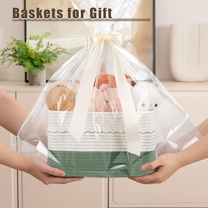 4 Pack Storage Baskets for Organizing, 13"X9"X7.87", Decorative Cotton Rope Baskets with Wave-Patterned Embroidery for Shelves, Small Woven Basket for Toys, Books and Towels, Green & White
