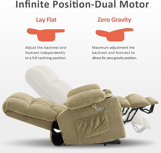 MCombo Dual Motor Large Power Lift Recliner Chair for Elderly, Lay Flat Lift Chair with Heat and Massage, Big Lift Recliner for Tall People, Cup Holders, Fabric 7896 (Beige, Large)