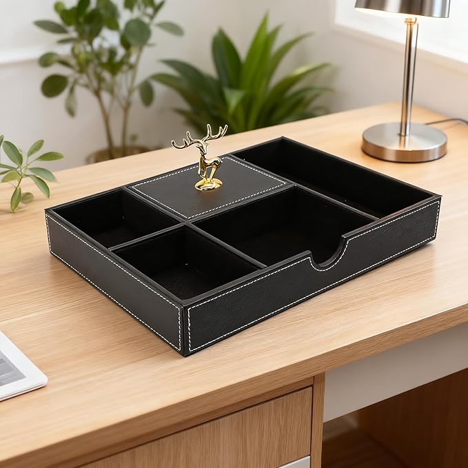 Jewelry Trays Nightstand Organizer, Valet Tray for Men and Women, Tray Organizer, Dressing table Storage box, Dark Brown Faux Leather, 5 Compartment