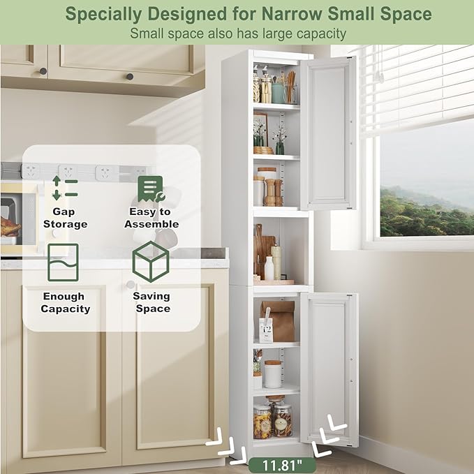 67" Tall Narrow Storage Cabinet Metal Bathroom Cabinet with 2 Doors & 4 Adjustable Shelves, Standing Pantry Cabinets Cupboard for Kitchen, Dining Room, Living Room and Bathroom (White)
