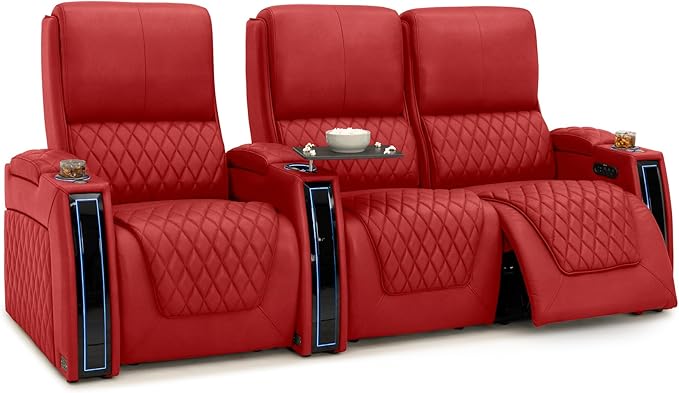 Seatcraft Apex Zero-Gravity CoolZero Italian Leather Home Theater Seating, Powered Headrest, Powered Lumbar, Powered Recline, Row of 3 Right Loveseat, Red