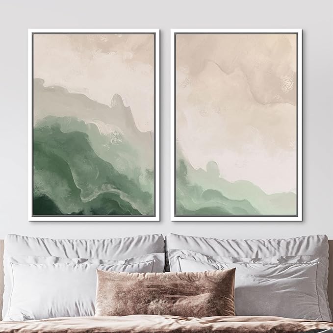 MUDECOR Framed Canvas Print Wall Art Soft Green and Beige Abstract Calming Watercolor Landscape Illustrations Modern Art Decorative Bohemian Chic for Living Room, Bedroom, Office - 24"x36"x2 White