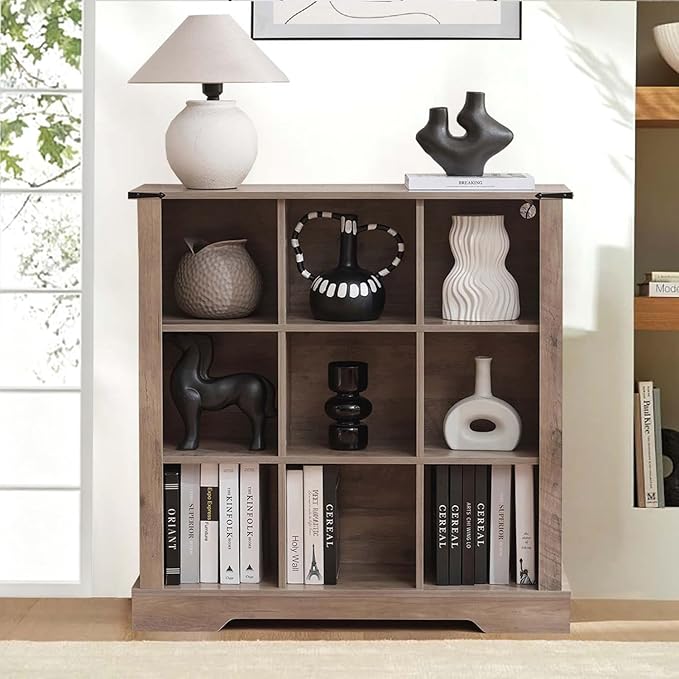 9 Cube Bookcase, Wooden Cube Storage Organizer Shelf, Brown Horizontal Book Shelf with LED Lights, Freestanding Display Cabinet for Living Room, Hallway TV Stand for Entryway
