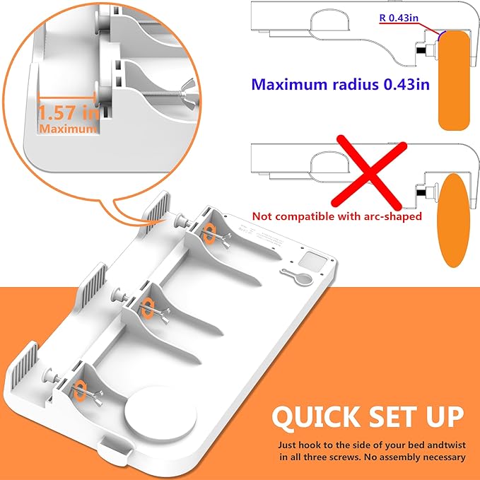 Bedside Shelf for Dorm Bunk Bed with USB Charging Port and 2 AC Outlets, Bedside Caddy, Bunk Bed Extender, Attachable Bedside Table, College Dorm Essential Clip On Bedside Tray, Plus Size, White