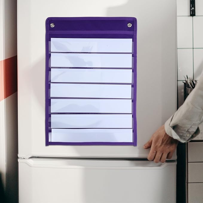 Hanging Pocket Chart Organizer Pouch Polyester Iron Material 10 Dry Erase Cards for Classroom, Wall or Door, Schedule Memo Note Storage Bag Purple