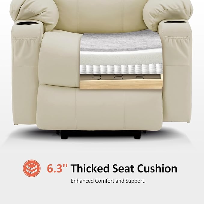 MCombo Large Power Lift Recliner Chair with Massage and Heat for Tall Elderly People, 3 Positions, Cup Holders, and USB Ports, Faux Leather 7516 (Large, Cream White)