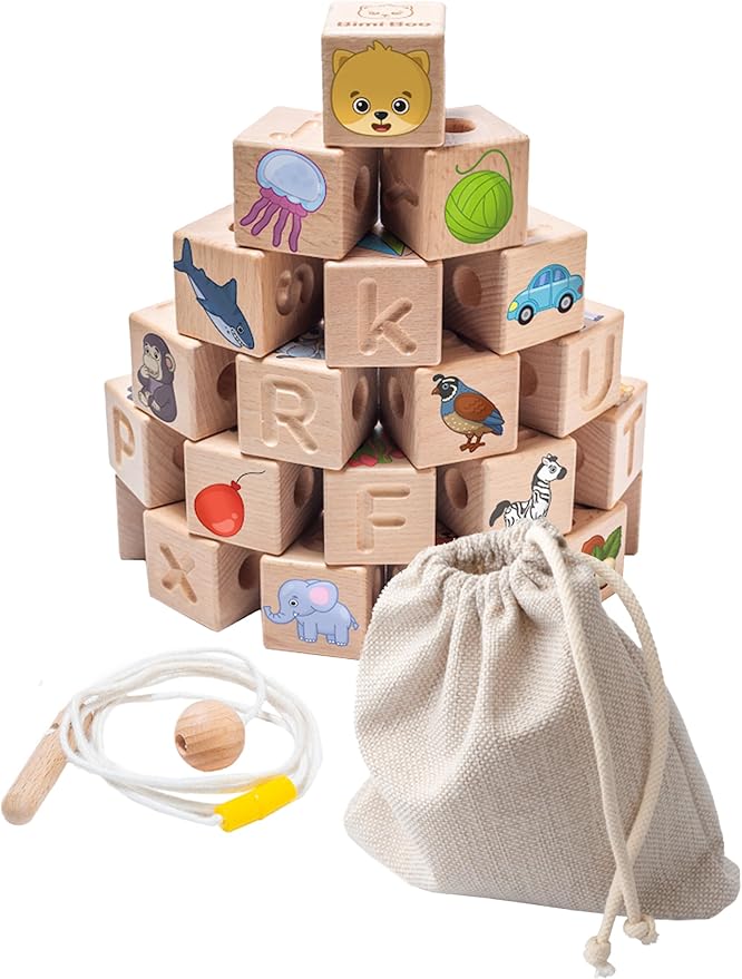 Bimi Boo Alphabet Lacing Beads for Toddlers - ABC Fine Motor Letter Threading Wooden Toy with Objects & Animals (26 Large Stringing Blocks, 2 Ropes, Cotton Bag)