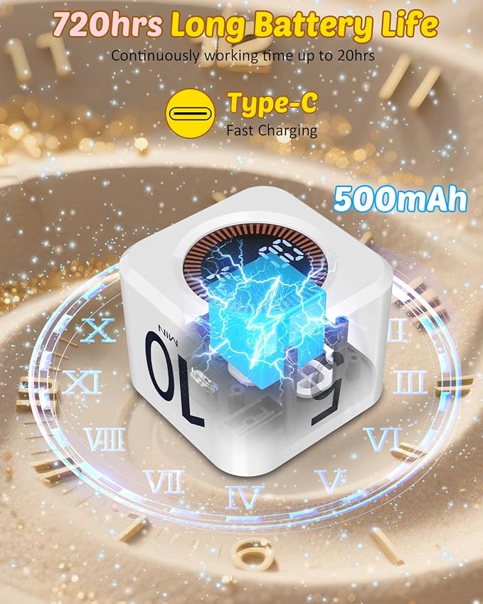 Pomodoro Timer Cube Visual Productivity Flip Timer for Kids Classroom Desk, 5/10/25/50min&Custom Countdown, Silent&Sound Mode Digital Cube for ADHD Study Work School Game Kitchen (White)