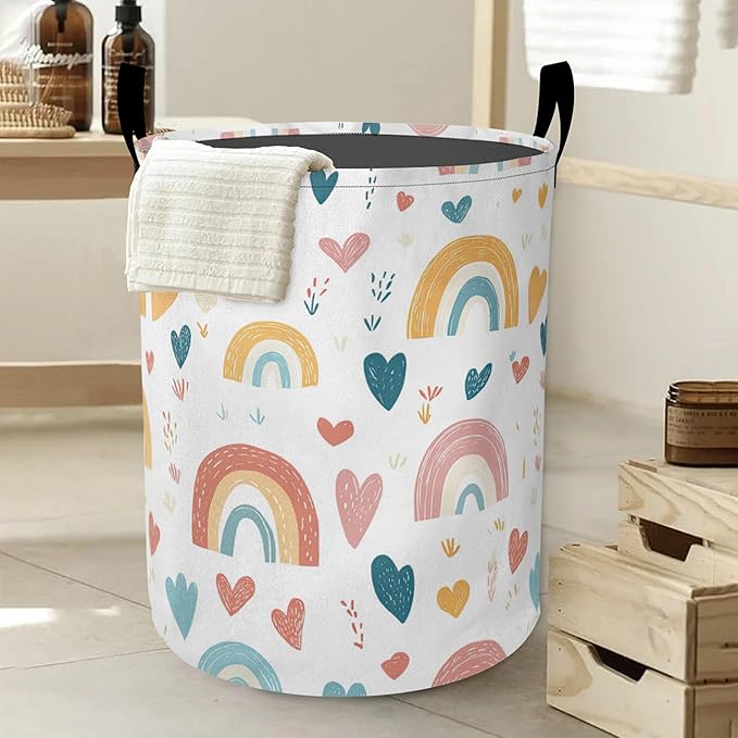 Laundry Basket,Cartoon Rainbow Large Canvas Fabric Lightweight Storage Hamper Organizer Dirty Clothes Collapsible Waterproof for College Dorms,Bathroom