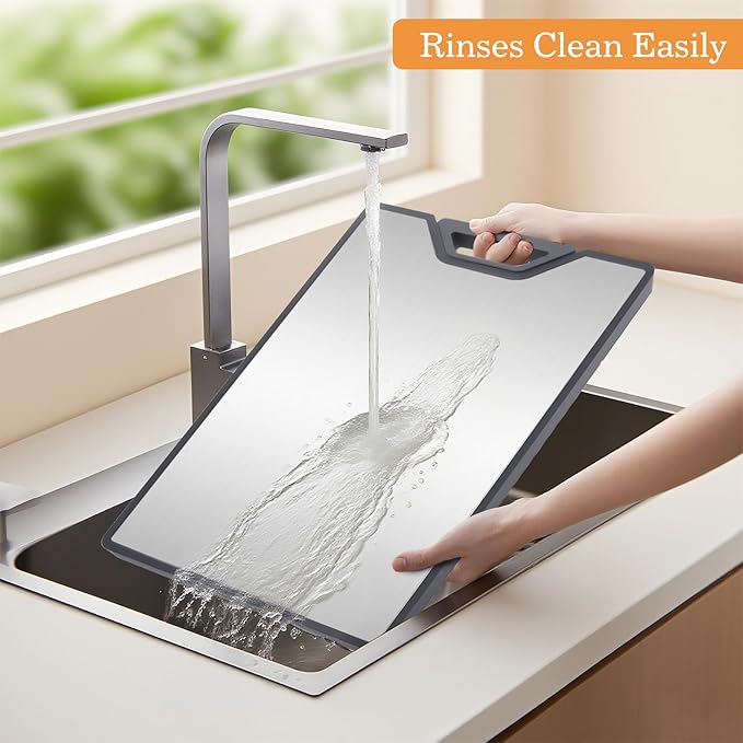 Stainless Steel Cutting Board, Double-Sided Cutting Board with Knife Sharpener, Stainless & Wheat Straw PP, Food-Grade Metal Chopping Board for kitchen, Large Size 16"x11"