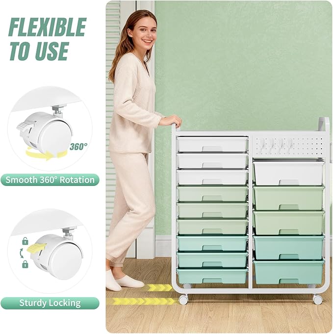 Rolling Storage Cart with 14 Drawers, Storage Organizer Cart with Tabletop and Pegboard,Utility Cart for Living Room, Classroom, Bedroom,Bathroom,Dorm,Office (Green)