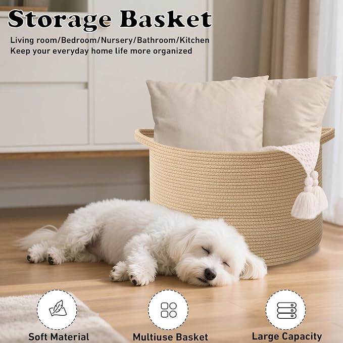 Large Storage Basket with Handle,19.7" L x 19.7" W x 13" H Blanket Basket Storage Bins for Organizing,65L Cotton Rope Woven Baskets for Living Room, Nursery ,Bedroom,Camel
