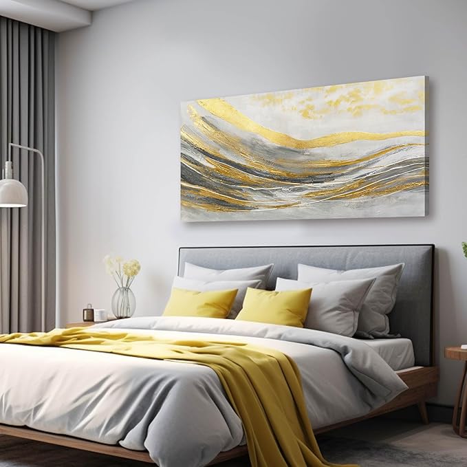 Artexist Abstract Line Wall Art Prints, Gold & Grey, 24"x48" Large Canvas Wall Pictures for Living Room, Bedroom, Office Decor