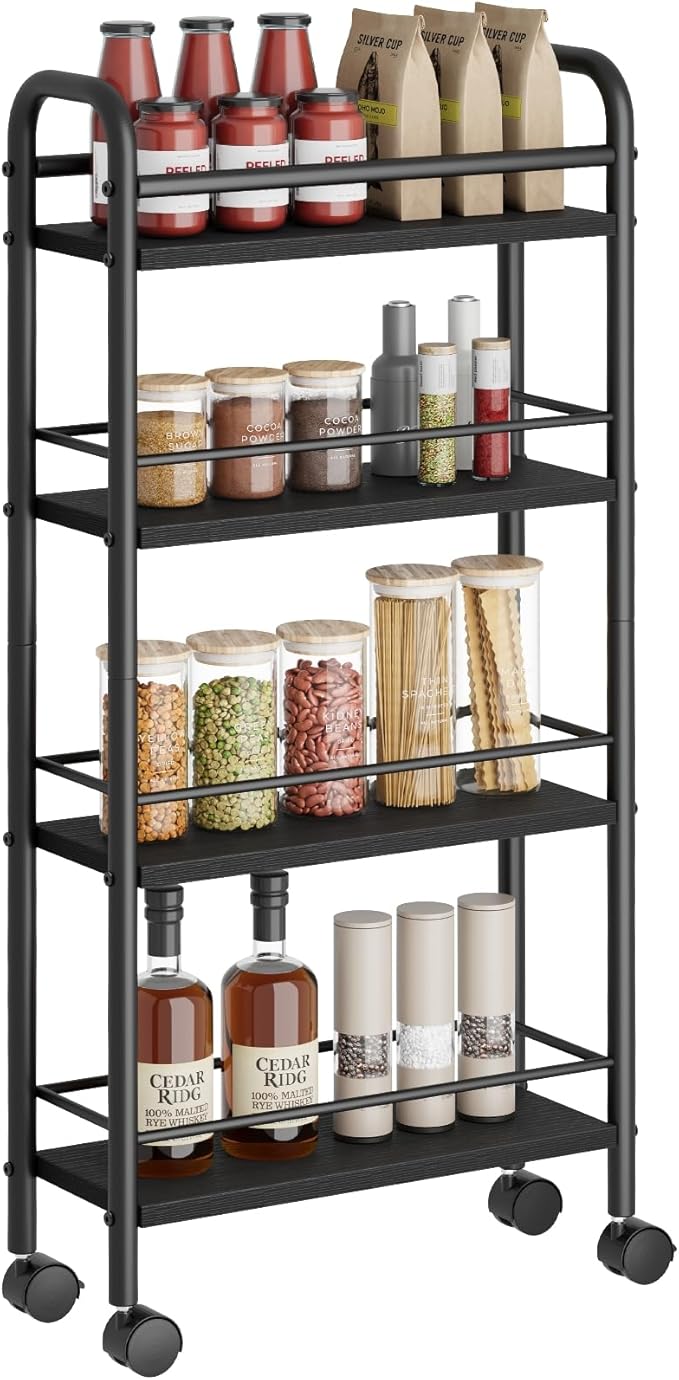 Slim Storage Cart, 4-Tier Narrow Rolling Cart with Handle, 5.9 Inches Deep, Slim Bathroom Shelf for Small Spaces, Kitchen, Dining Room, Living Room, Bathroom, Laundry Room, Black