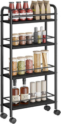 Slim Storage Cart, 4-Tier Narrow Rolling Cart with Handle, 5.9 Inches Deep, Slim Bathroom Shelf for Small Spaces, Kitchen, Dining Room, Living Room, Bathroom, Laundry Room, Black