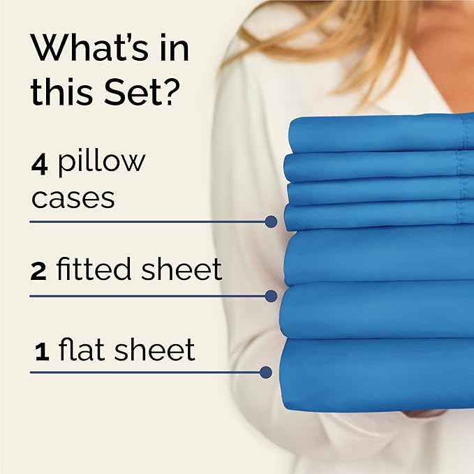 Split King 7 Piece Sheet Set - Cooling & Breathable Bed Sheets - Hotel Luxury Bed Sheets for Women, Men, Kids & Teens - Deep Pockets - Easy Fit - Soft and Wrinkle Free - Split King Denim Blue Sheets