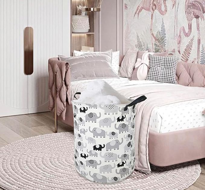 19.7" Round Canvas Large Clothes Basket Laundry Hamper with Handles,Waterproof Cotton Storage Organizer Perfect for Kids Boys Girls Toys Room, Bedroom, Nursery,Home,Gift Basket(elephant)