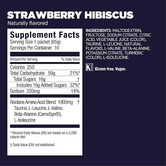 Gu Energy Roctane Ultra Endurance Energy Drink Mix, Vegan, Gluten-Free, Kosher, Caffeine- Free, and Dairy-Free n-The-Go Energy for Any Workout, 10 Single Serve Travel Size Packets, Strawberry Hibiscus