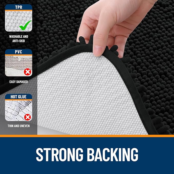 OLANLY Bathroom Rugs Sets 2 Piece, Soft Absorbent Chenille Bath Mats and U-Shaped Contour Toilet Mat Area Rug Set, Machine Washable Bath Carpet, Home Decor Accessories(30"x20"+24"x20", Black)