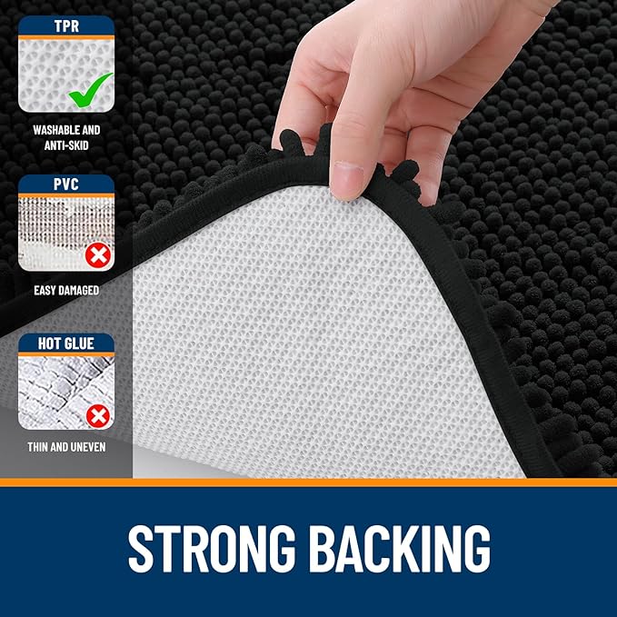 OLANLY Bathroom Rugs Sets 2 Piece, Soft Absorbent Chenille Bath Mats and U-Shaped Contour Toilet Mat Area Rug Set, Machine Washable Bath Carpet, Home Decor Accessories(24"x16"+24"x20", Black)