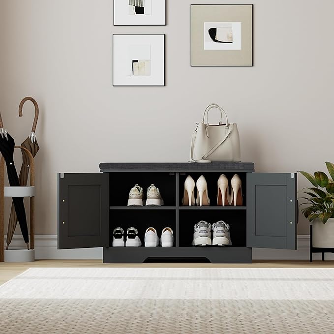 2-Tier Storage Bench, 27.6" Wide Shoe Bench with Padded Seat Cushion, Entryway Bench with 2 Barn Doors and Adjustable Shelf, Black