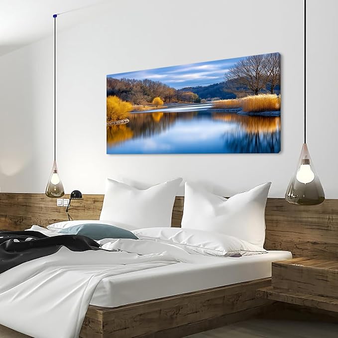 Beautiful Yellow Forest Park Wall Art for Living Room Office Calm Lake Blue Painting Prints Nature Autumn Canvas Artwork Over The Couch Bedroom Decor