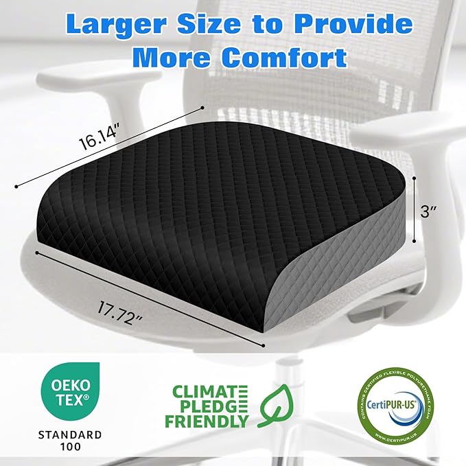 Seat Cushion, Memory Foam Chair Pad, Non-Slip Cushion for Office, Home, Car, Large Desk Chair Cushion, Washable Cover & Handle, Large, Black