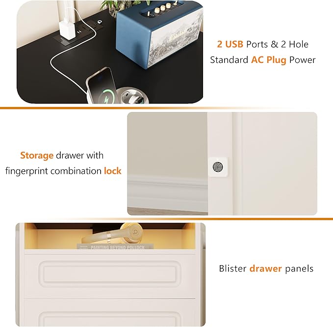 Night Stand with Charging Station,Fingerprint Lock Bedside Table with Drawers,Farmhouse End Table and Nightstand,Small Side Table for Bedroom,Living Room (White-with Fingerprint Lock, 1-Pcs)