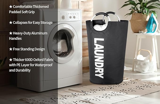 Laundry Basket Extra Large Collapsible Clothes Hamper Bag with Handles – Foldable Freestanding Laundry Sorter for Dirty Clothes in College Dorm, Apartment, or Laundry Room – 131L (Black)