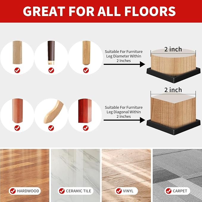 Ezprotekt Non Slip Furniture Pads, 16 Pcs 2" Anti Slip Rubber Caster Cups, Anti Skid Furniture Coasters for Hardwood Floors, No Slide Furniture Gripper, Furniture Stoppers to Prevent Sliding (Black)