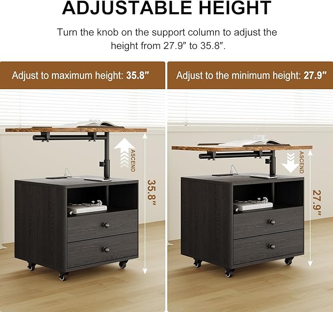 Bedroom Nightstand with Drawers & Charging Station, Adjustable Height Bedside Table with Wheels, Wooden Small Sofa Side Tables with Storage for Living Room, Black Brown