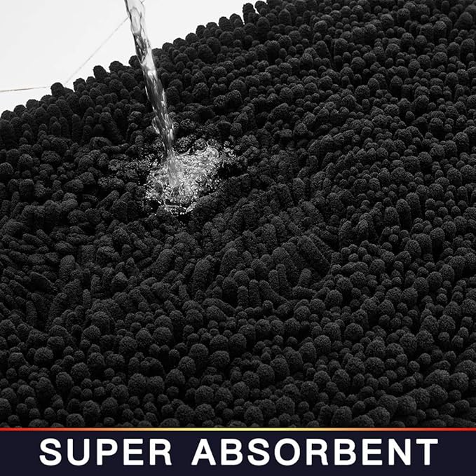 Walensee Bathroom Rug Non Slip Bath Mat (44x24 Inch Black) Water Absorbent Super Soft Shaggy Chenille Machine Washable Dry Extra Thick Perfect Absorbant Best Large Plush Carpet for Shower Floor