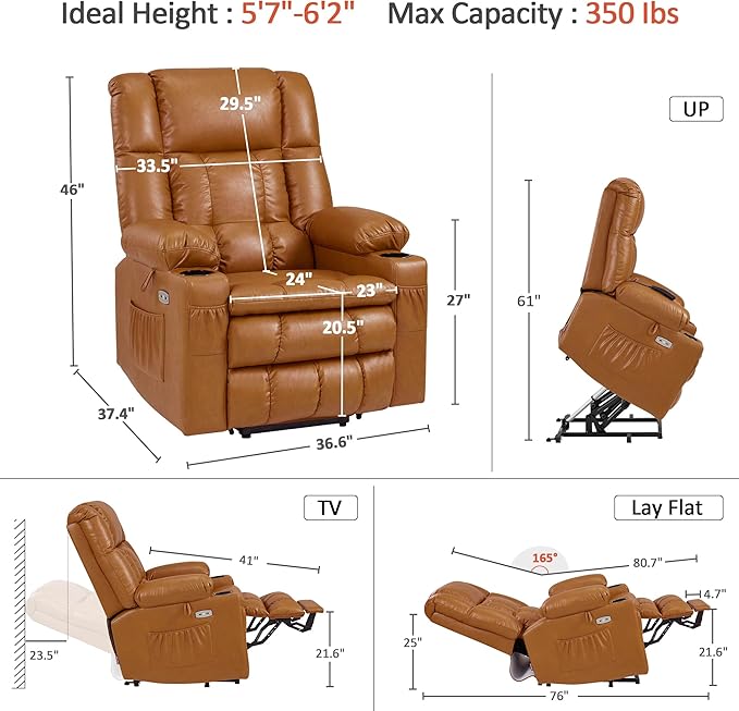 MCombo Dual Motor Large Power Lift Recliner Chair for Elderly, Lay Flat Lift Chair with Heat and Massage, Big Lift Recliner for Tall People, Faux Leather 7896 (Tawny, Large)