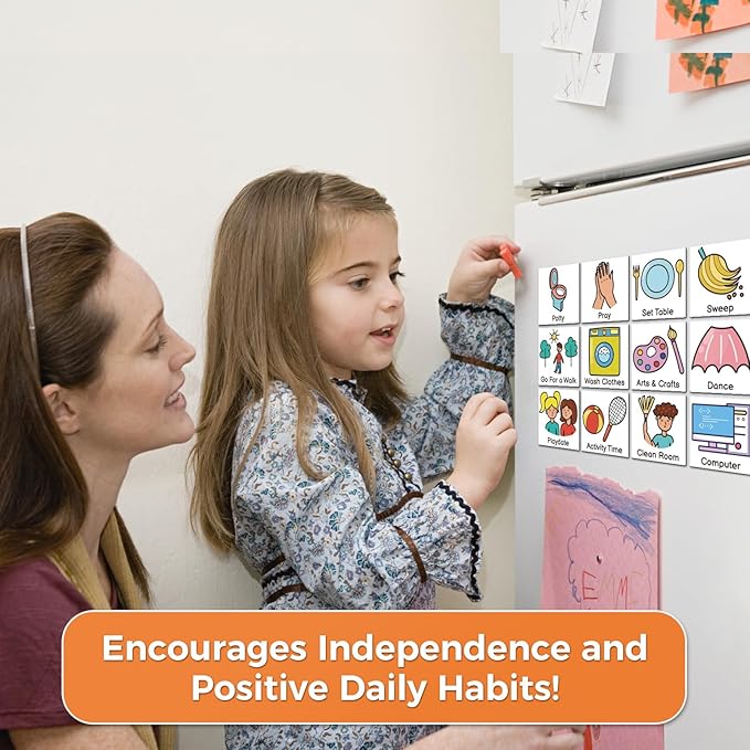 Magnetic Visual Schedule for Kids – Daily Routine & Chore Chart with 100+ Picture Magnets for Toddlers, Autism & ADHD, for Home Use, Morning and Bedtime Routines