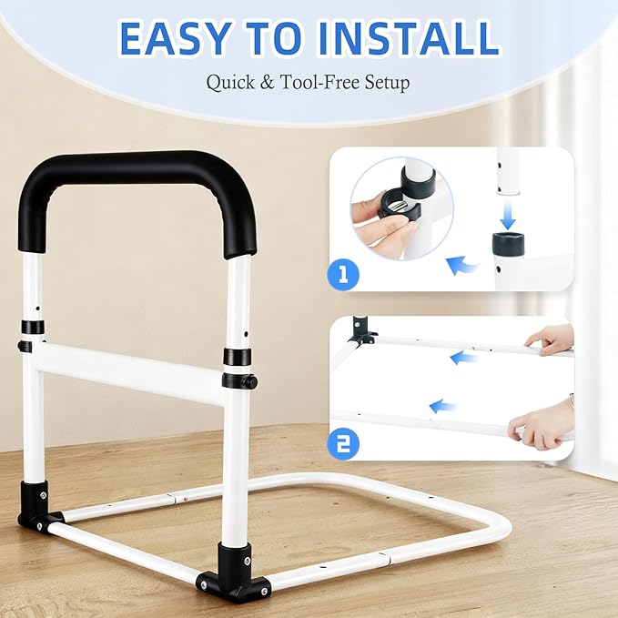Bed Rail for Elderly Adults Safety, 90° Foldable Bed Assist Bar with Adjustable Height, Flat Base Fits Under Mattress, 300 lbs Capacity Bedside Support Handle for Seniors