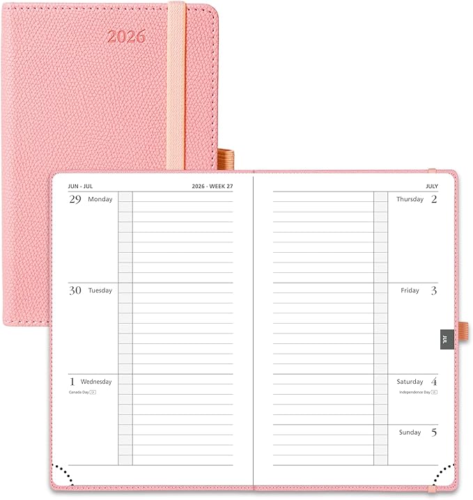 POPRUN 2026 Weekly & Monthly Planner Calendar,Pocket 4'' x 6.25'', Horizontal Layout with Lined Sections, Jan. 2026 - Dec. 2026, Leather Hardcover, 100GSM Paper, Inner Pocket - Soft Pink