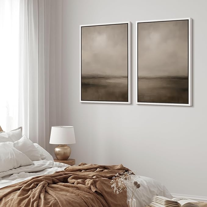 MUDECOR Framed Canvas Print Wall Art Abstract Brown and Taupe Modern Minimalist Misty Landscape Illustrations Modern Art Decorative Bohemian for Living Room, Bedroom, Office - 24"x36"x2 White