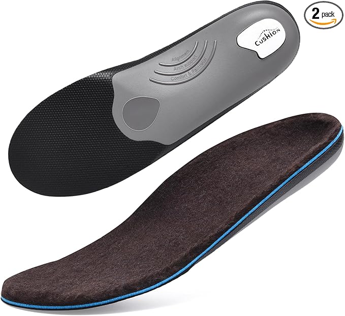 VALSOLE 250+lbs Winter Thermal Wool Insoles for Men Women,Plantar Fasciitis Orthotics Insert,for Flat Feet,High Arch,Foot Pain,Standing All Day Boot Work Shoe Warm Insoles(244mm)